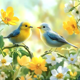 Two Birds in Floral Garden