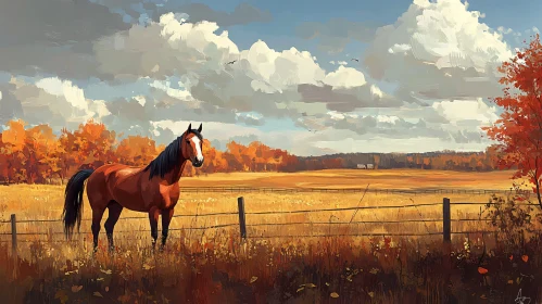 Autumn Field with Majestic Horse