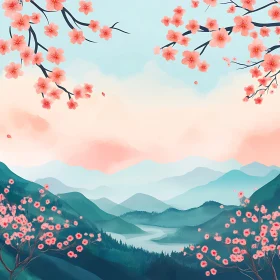 Mountain View with Cherry Blossoms