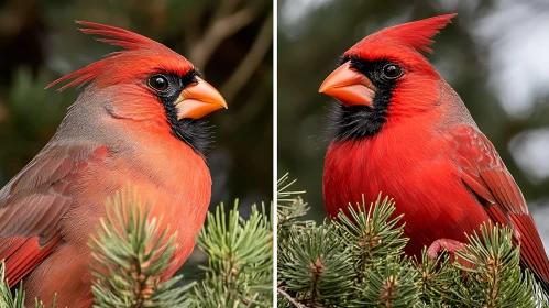 Crimson Cardinals on Green Branch