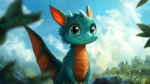 Enchanting Teal Dragon Cartoon Illustration