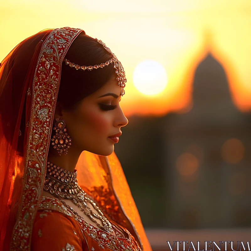 Sunset Portrait of Woman in Traditional Dress AI Image