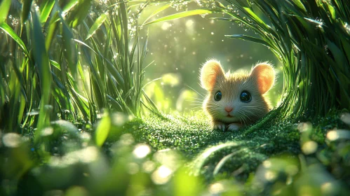 Cute Mouse Amidst Dewy Grass