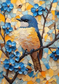 Mosaic Bird on Branch with Flowers