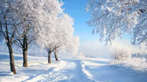 Tranquil Snowy Scene with Frost-Covered Trees and Path