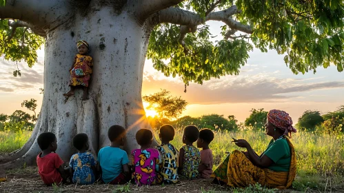 Sunset Storytelling: Children by the Baobab Tree