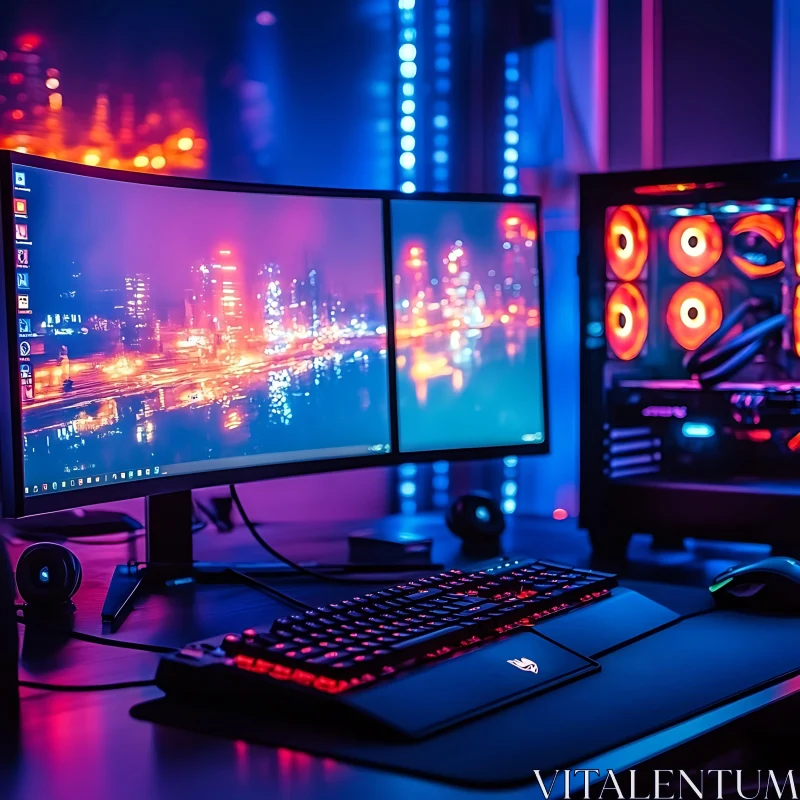 High-End Gaming Setup with Vibrant RGB Display AI Image