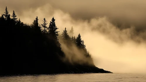 Misty Landscape of Trees and Water