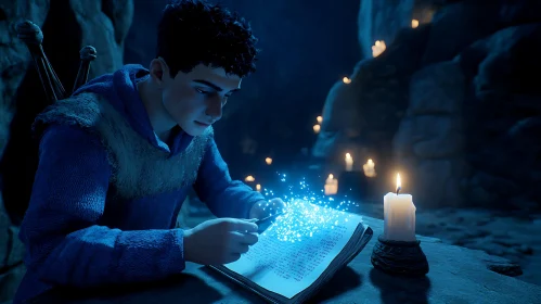 Young Mage Studying Magic in Candlelight