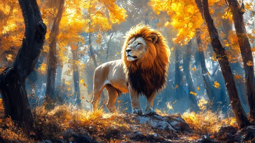 Lion Amidst Amber Leaves