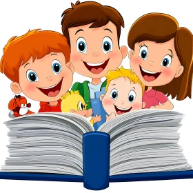 Cartoon Kids Enjoying a Storybook