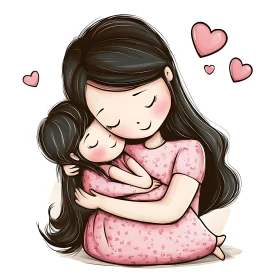 Affectionate Mother and Child Cartoon Illustration