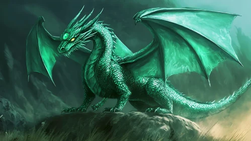 Mystical Green Dragon on Rocky Ledge