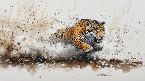 Watercolor Painting of a Jaguar Leaping