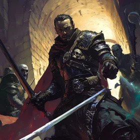 Medieval Warrior in Dark Tunnel