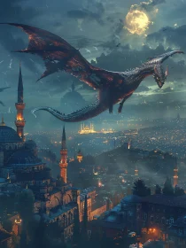 Moonlit Dragon Flight Over Ancient City