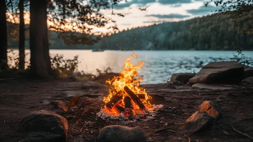 Serene Evening by the Lake with Campfire