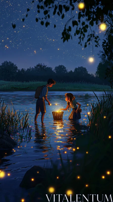 Couple Collecting Fireflies at Night AI Image