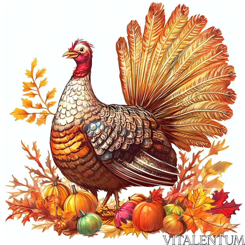 Autumnal Turkey with Pumpkins and Leaves AI Image