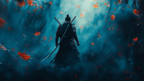 Lone Samurai with Katana in Falling Leaves