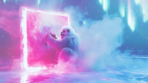 Surreal Yeti Painter in Aurora Landscape