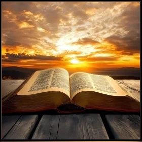 Open Bible with Sunset Background