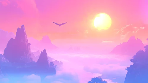 Dreamy Mountain Landscape with Flying Bird