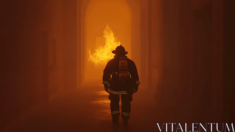 Heroic Firefighter Facing a Corridor Blaze AI Image