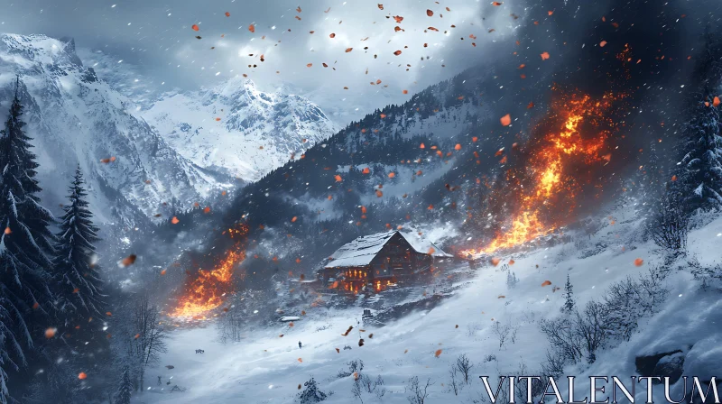 Blazing Fires in Snowy Mountain Landscape AI Image