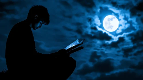 Silhouette Reading Under Moonlight