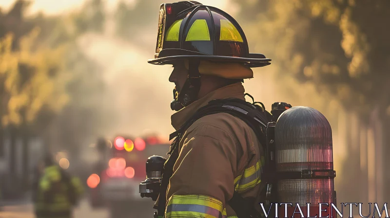 Brave Firefighter Amidst Smoke and Lights AI Image