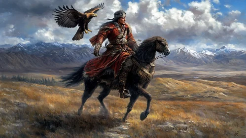 Equestrian Warrior with Eagle in Mountains