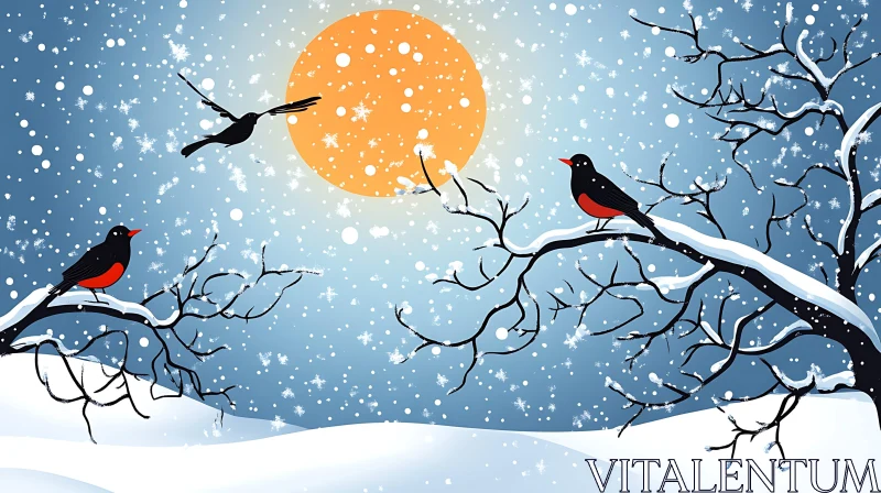 Birds in Winter Snow Landscape AI Image