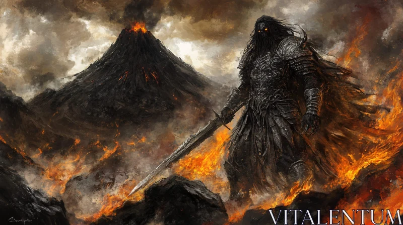 AI ART Fiery Warrior with Volcano Backdrop