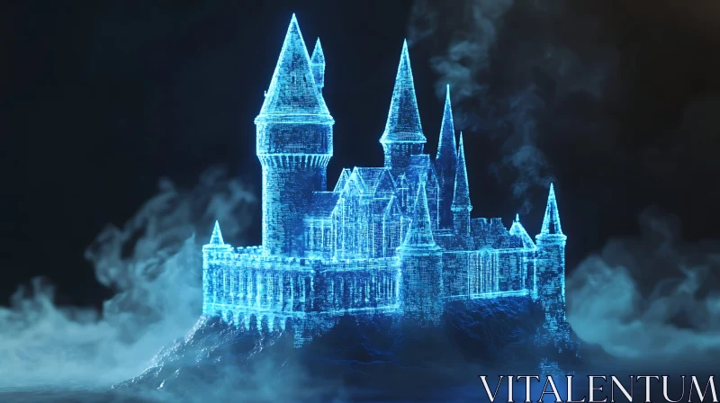 AI ART Blue Holographic Castle in Mist