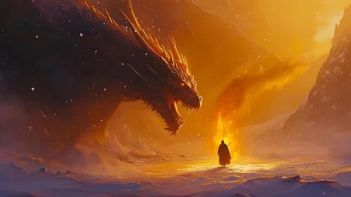 Dragon and Wizard in Winter Landscape