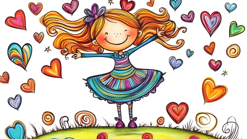 Joyful Girl Surrounded by Hearts Artwork