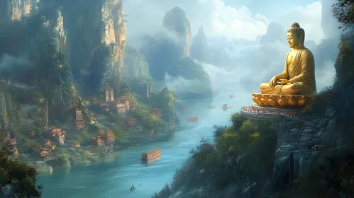 Buddha Statue and River Scenery