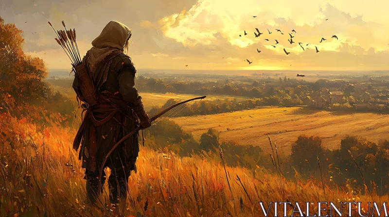 Hooded Archer Overlooking Golden Fields AI Image