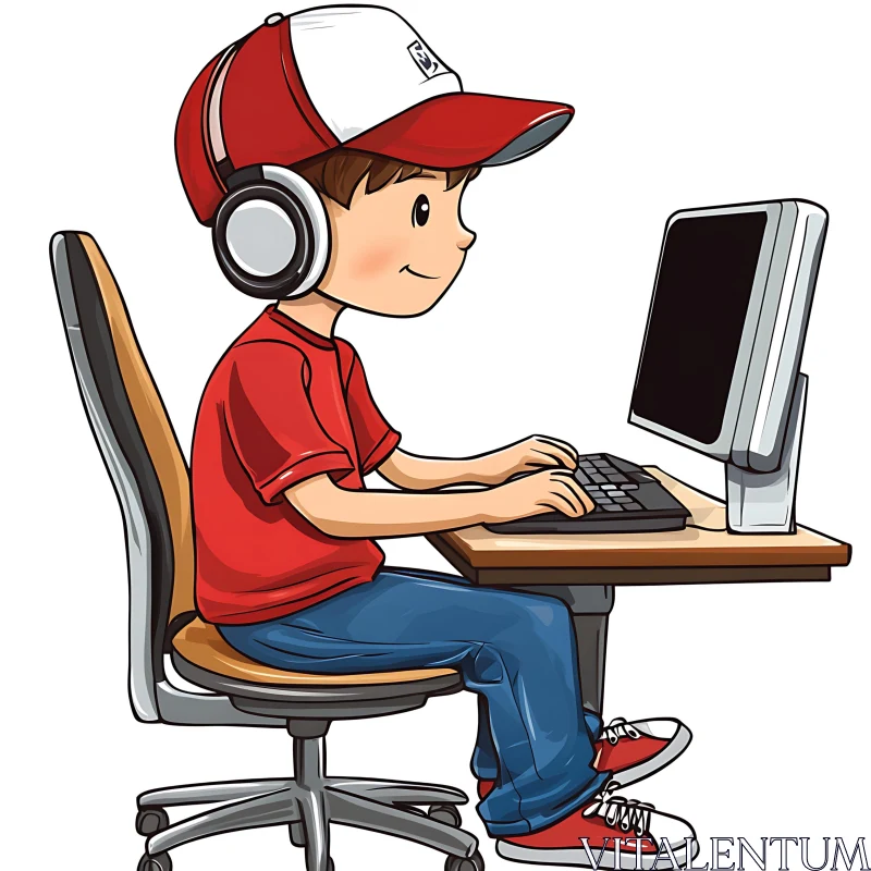 Boy Typing on Computer in Cartoon Illustration AI Image