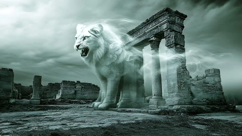 Ethereal Lion in Ancient Ruins