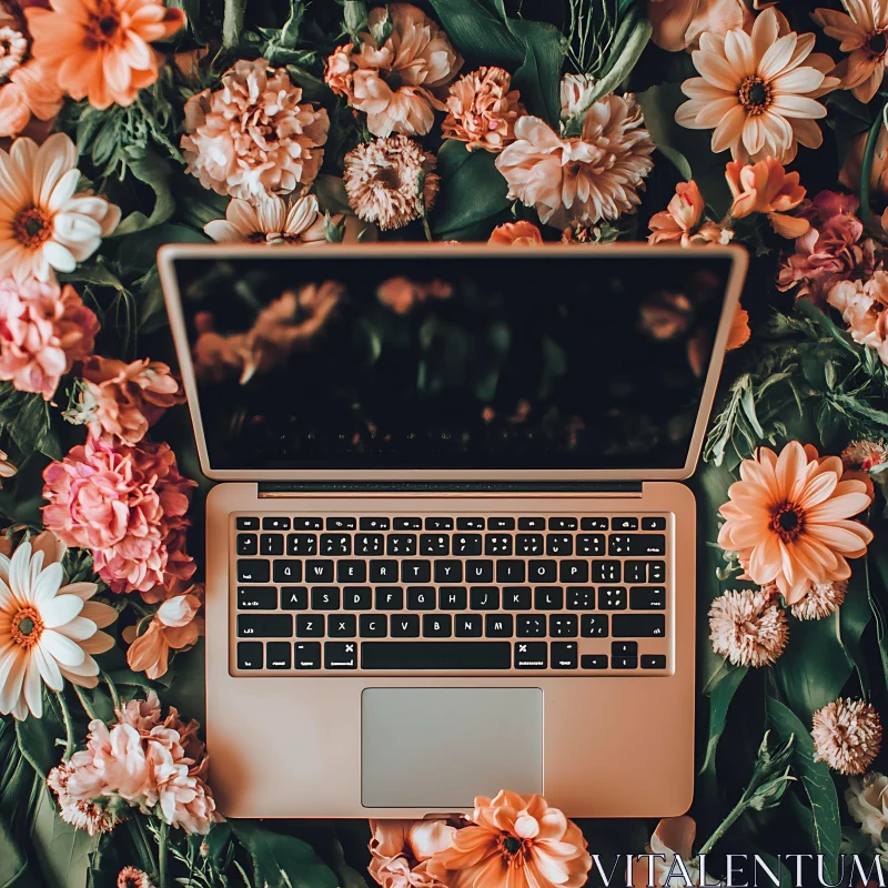 Laptop on a Bed of Multicolored Flowers AI Image