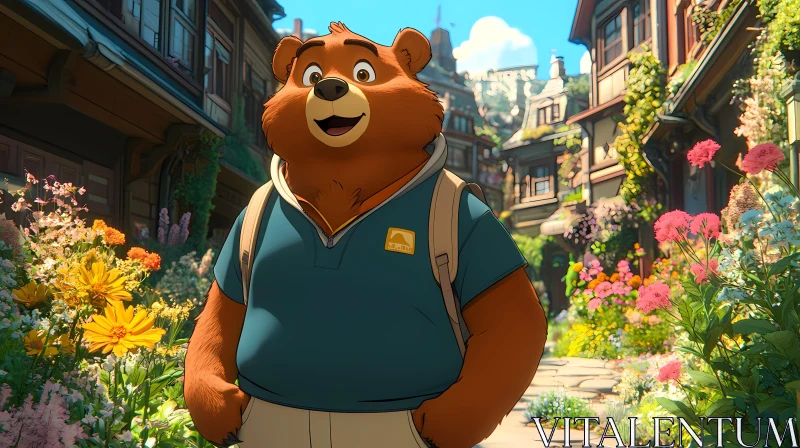 Animated Bear in Flower-Paved Village AI Image