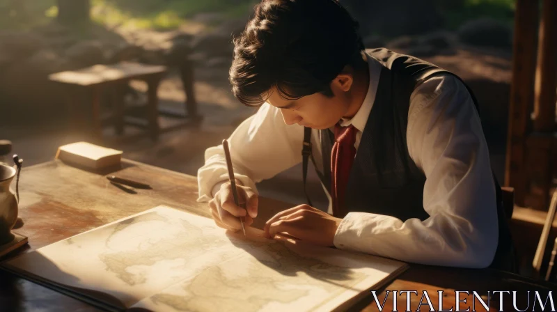 Captivating Artwork of a Man Writing a Map at a Wooden Desk AI Image