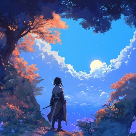 Woman Watching Sunny Sky Anime Art