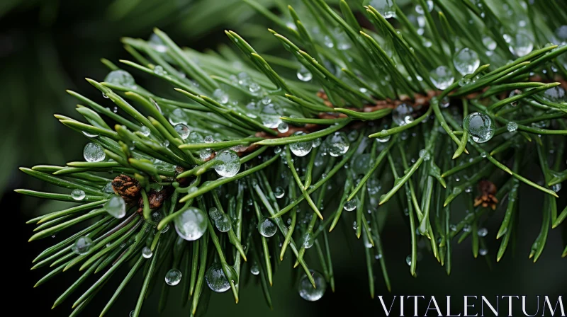 Crystal-like Raindrops on Pine Branch: An Eco-Friendly Artistic Representation AI Image