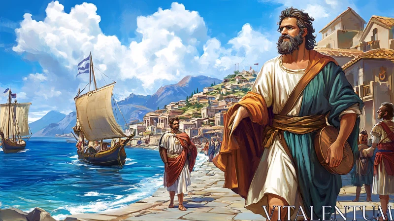 Greek Seaport City Artwork with Ancient Figures AI Image