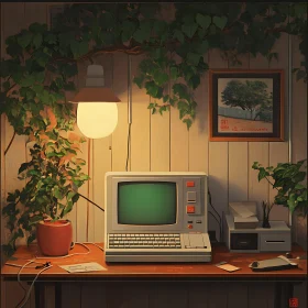 Retro Desk Scene with Old Computer and Plants