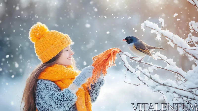 Girl and Bird in Winter AI Image