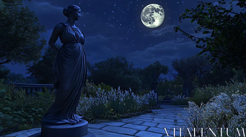 Night Garden with Statue and Moonlight AI Image